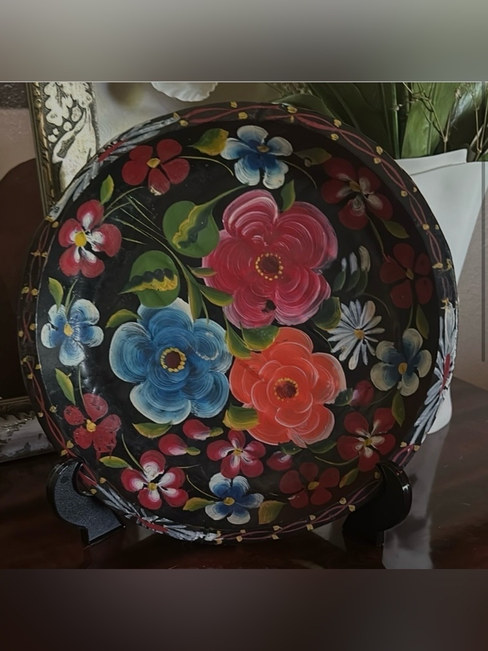 Vintage Mexican Batea Hand Painted Tole Tray Wood Bowl Folk Art Hacienda Decor